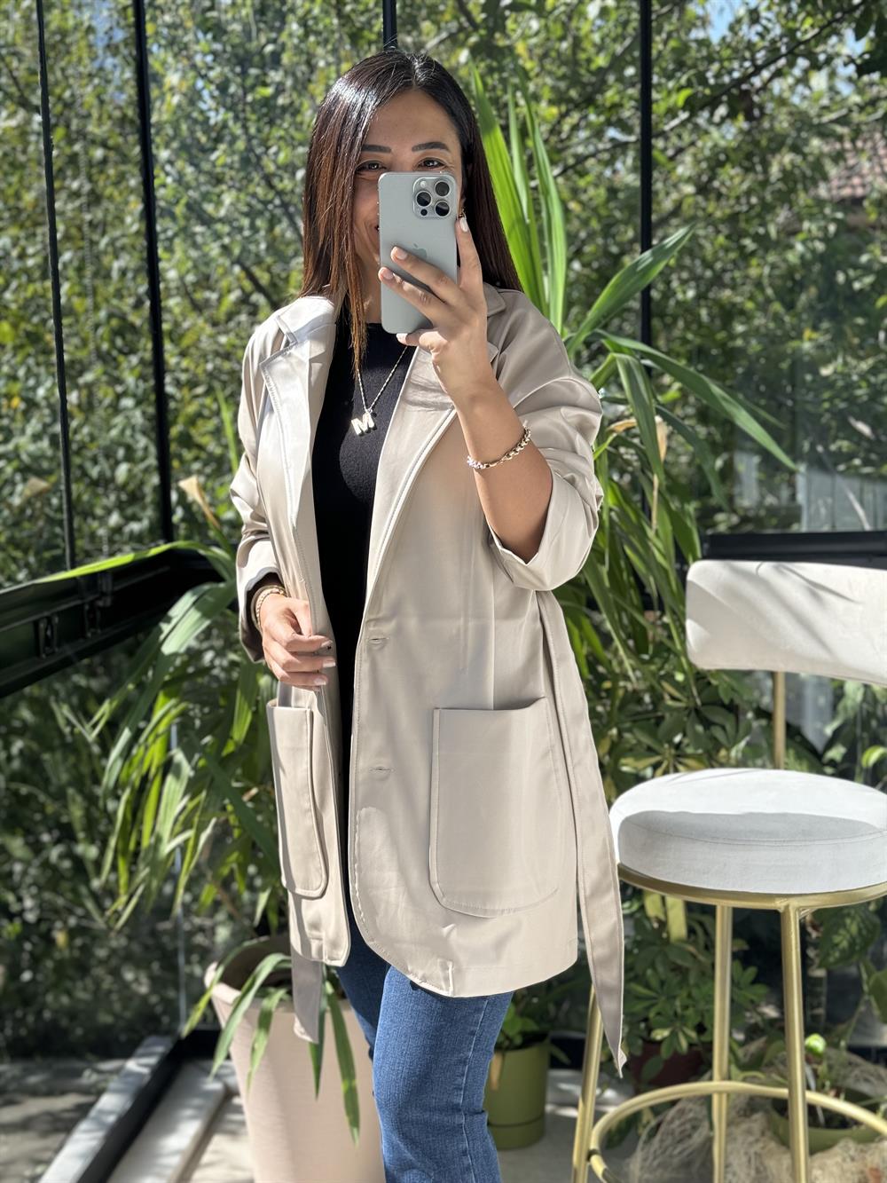 Kuşaklı Deri Ceket Vizon