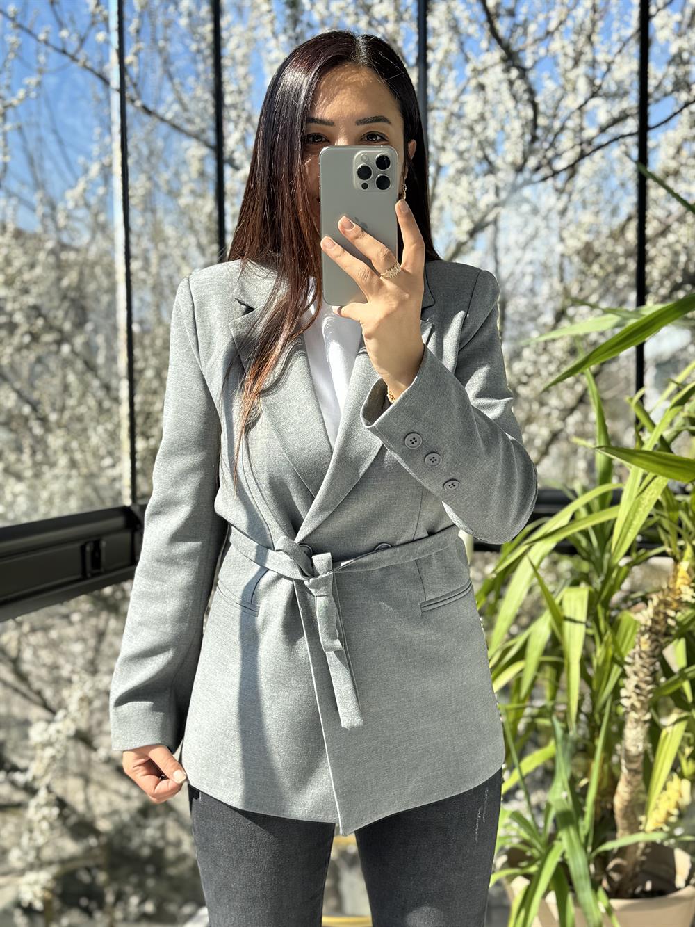 Kuşaklı İki Düğme Blazer Ceket Gri