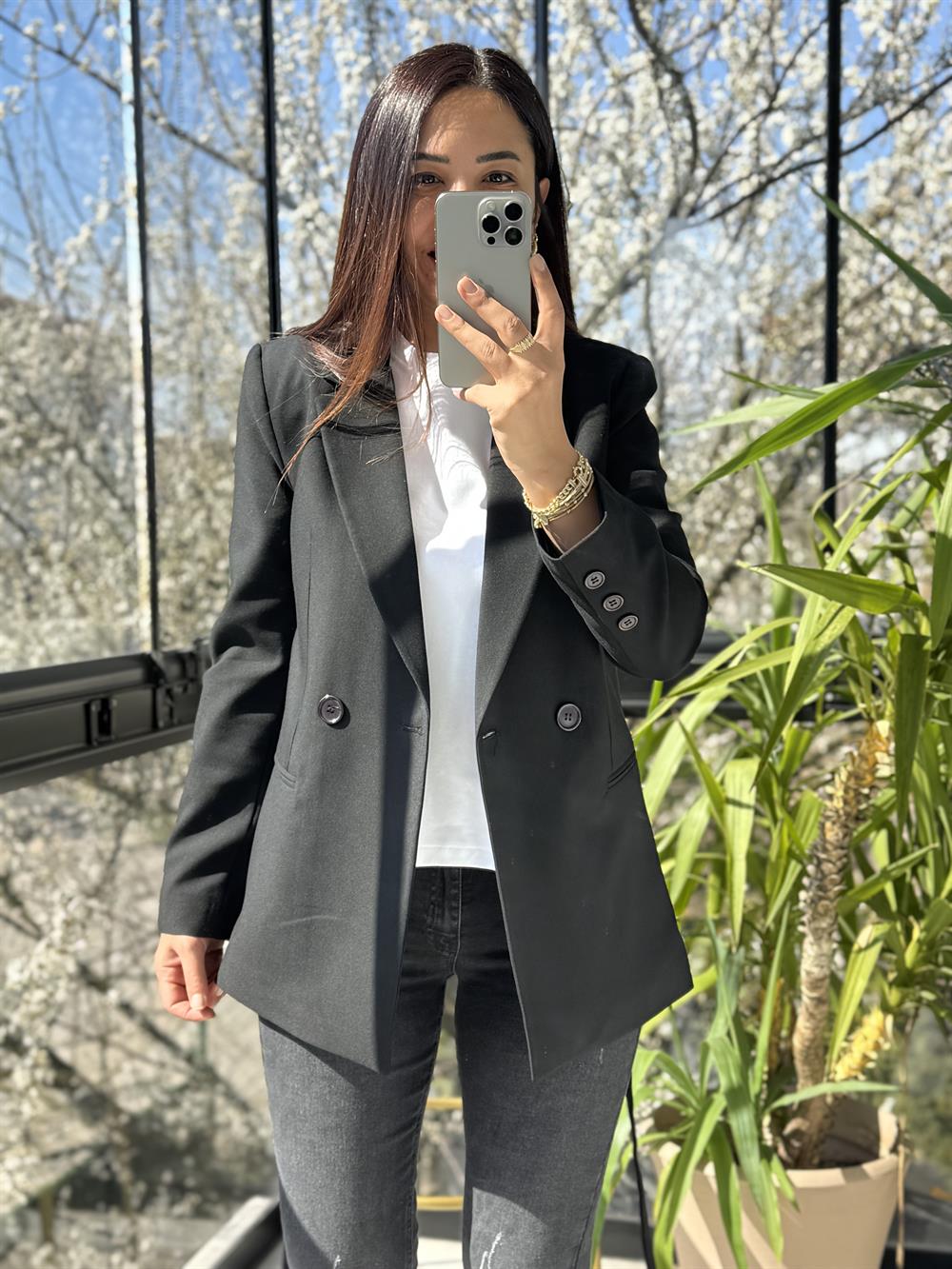 Kuşaklı İki Düğme Blazer Ceket Siyah