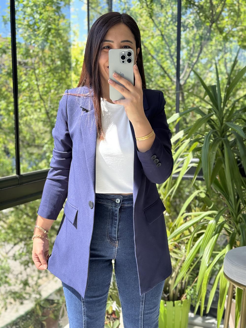 Lacivert Tek Düğme Blazer Ceket