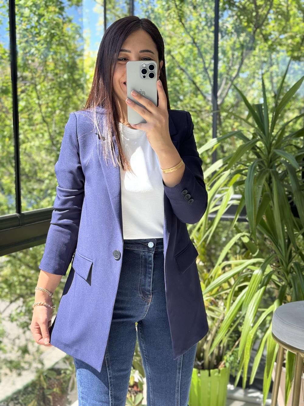 Lacivert Tek Düğme Blazer Ceket
