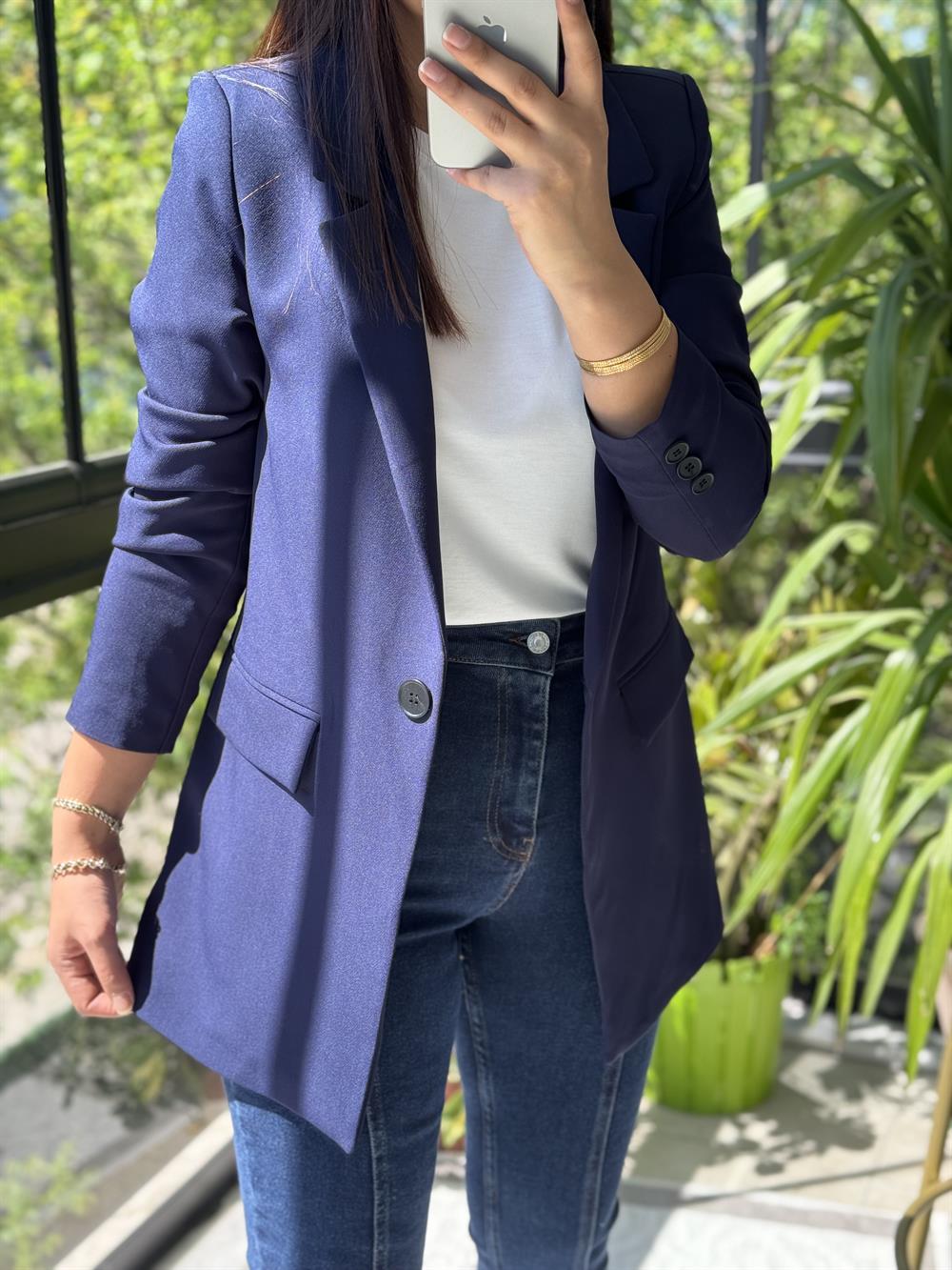 Lacivert Tek Düğme Blazer Ceket