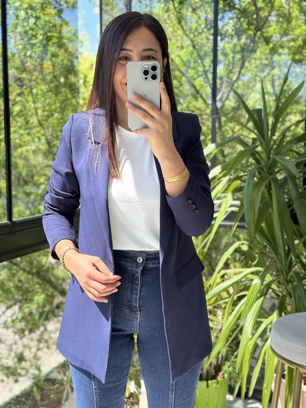 Lacivert Tek Düğme Blazer Ceket