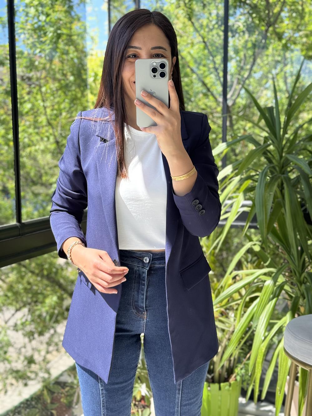 Lacivert Tek Düğme Blazer Ceket