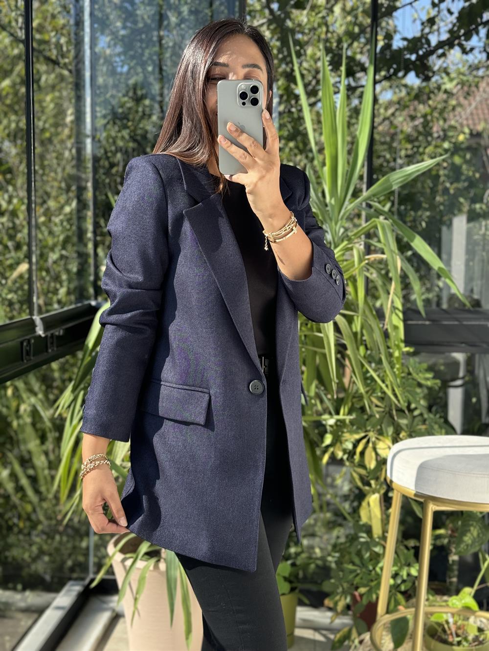Yün Efekt Kumaş Blazer Ceket Lacivert 