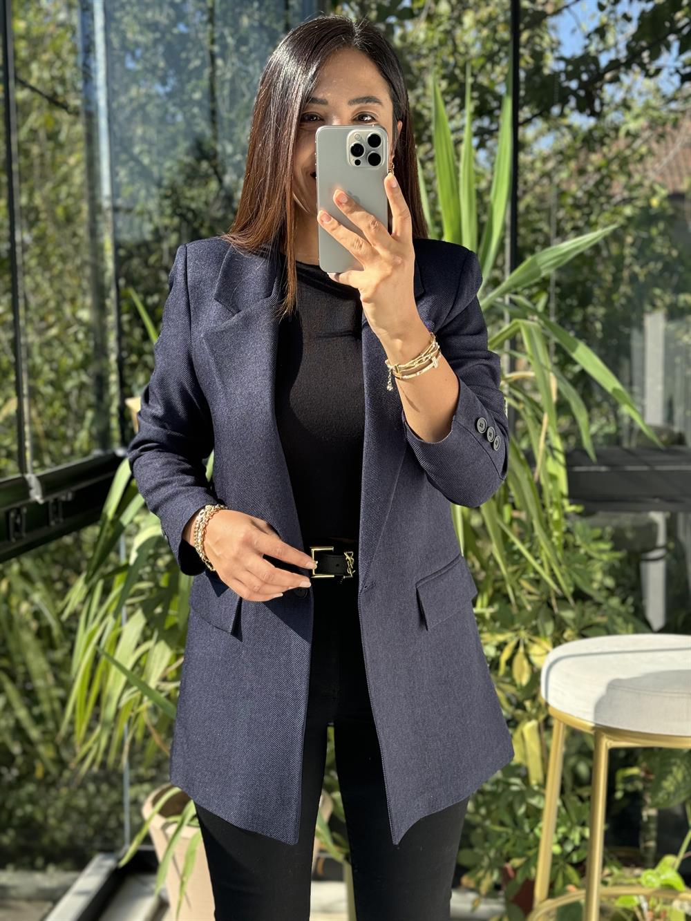 Yün Efekt Kumaş Blazer Ceket Lacivert 