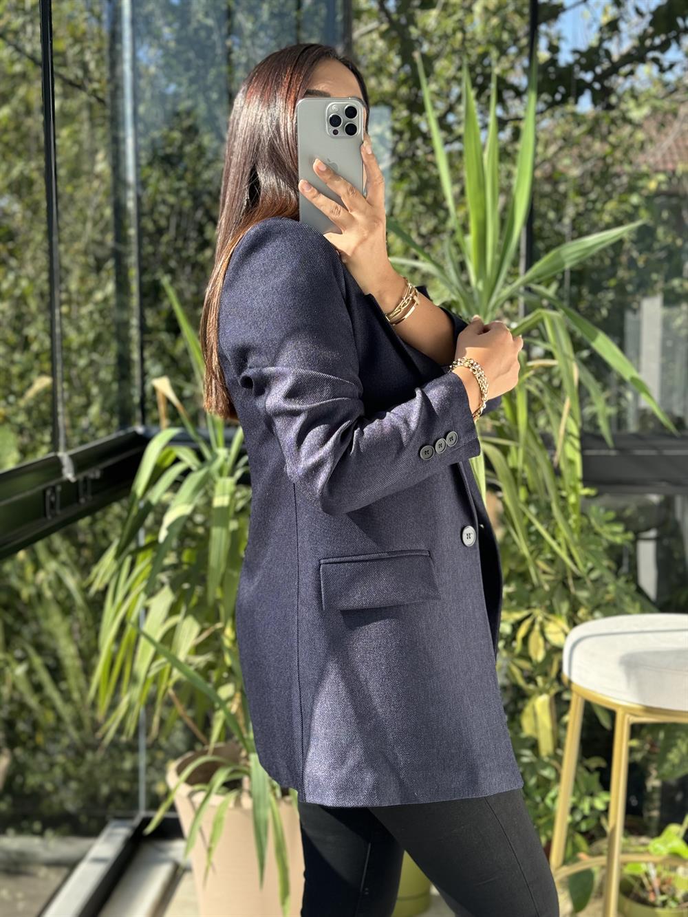 Yün Efekt Kumaş Blazer Ceket Lacivert 