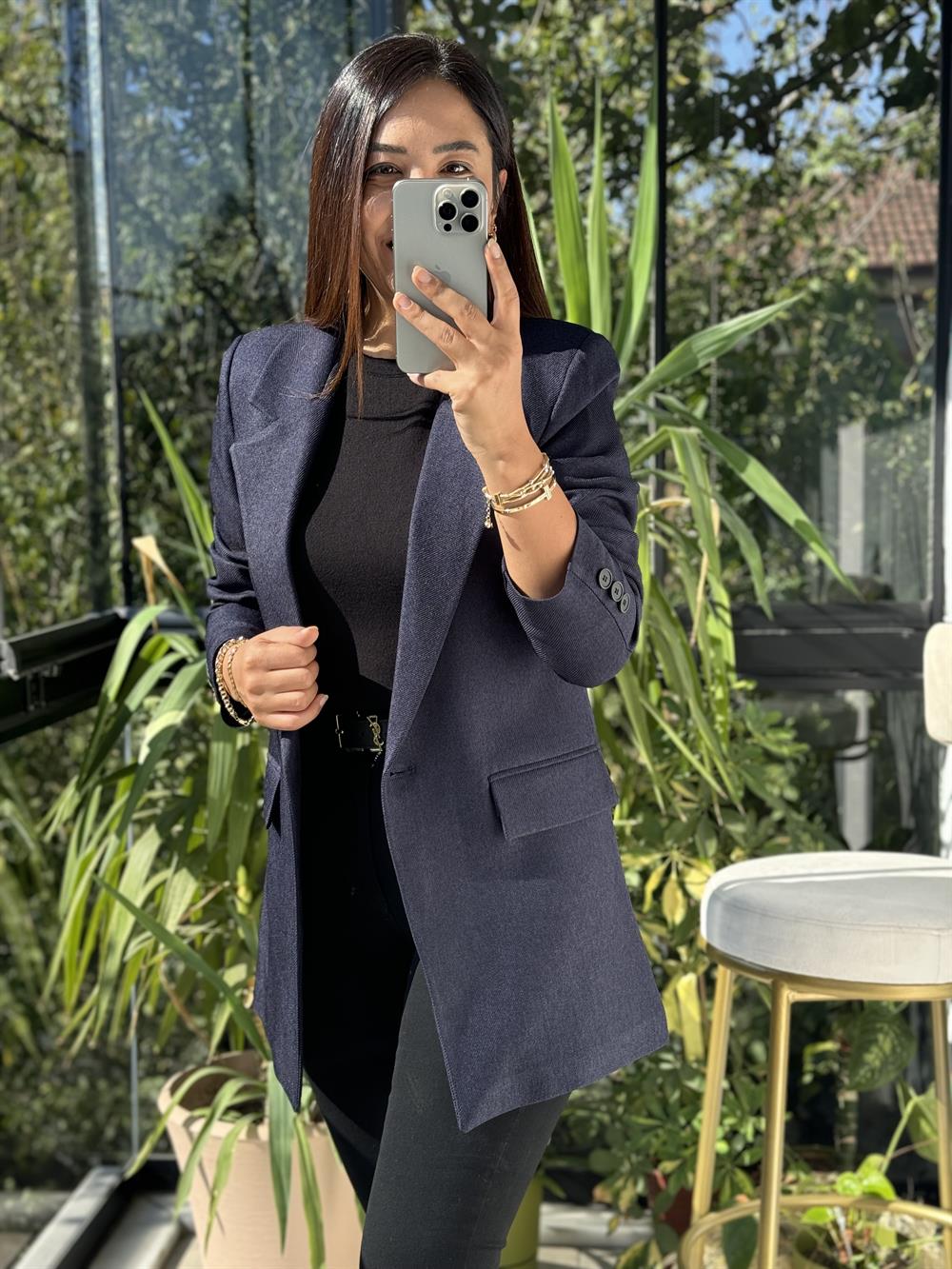 Yün Efekt Kumaş Blazer Ceket Lacivert 