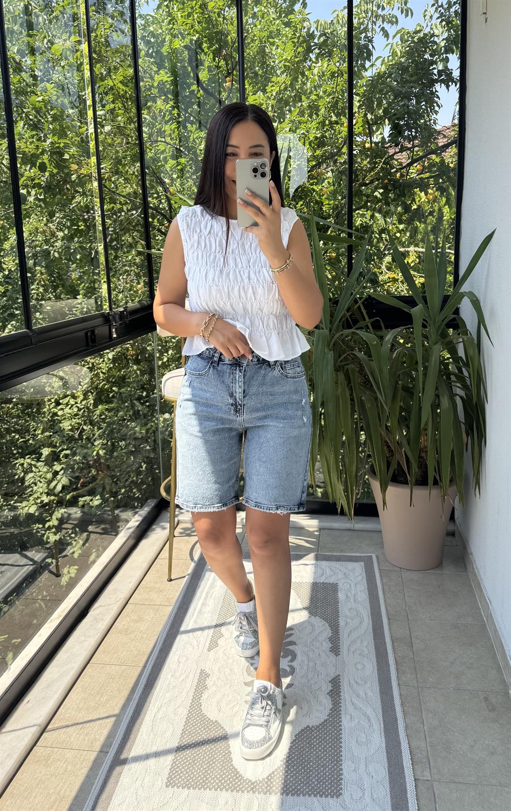 Lazerli Şehirboy Denim Şort Mavi