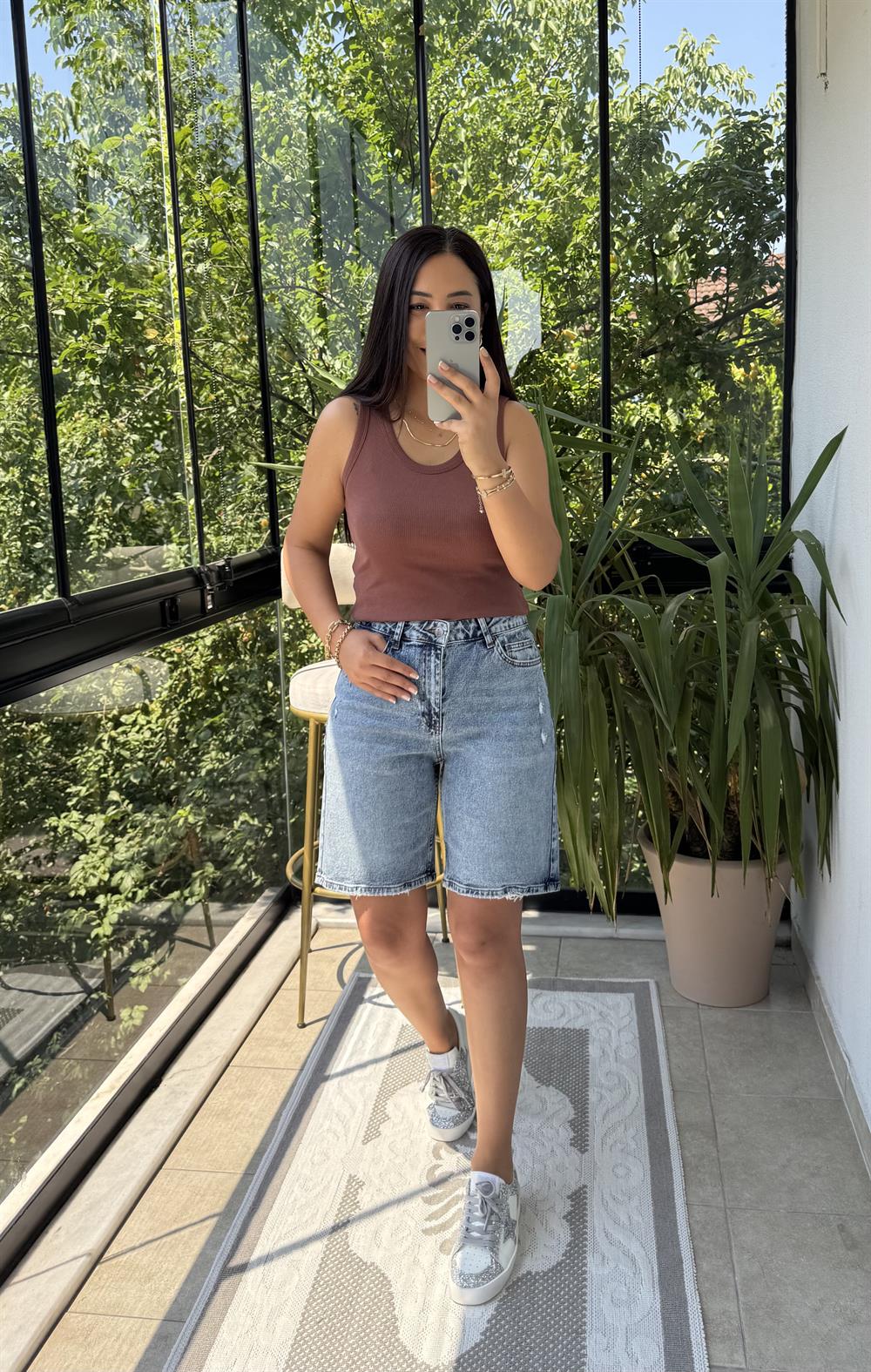 Lazerli Şehirboy Denim Şort Mavi