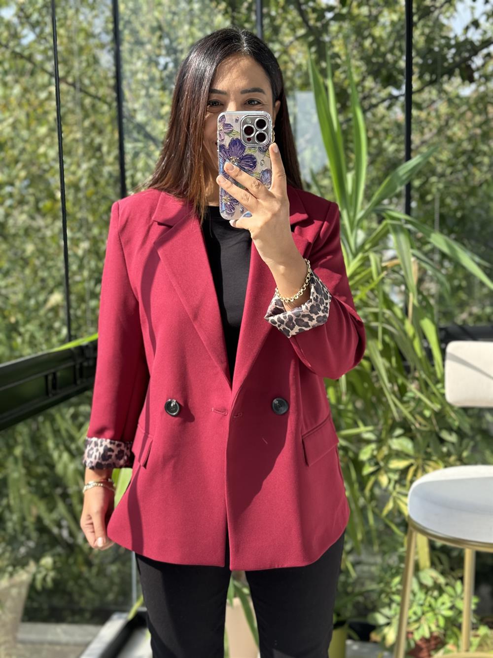 Leopar Astarlı Blazer Ceket Bordo