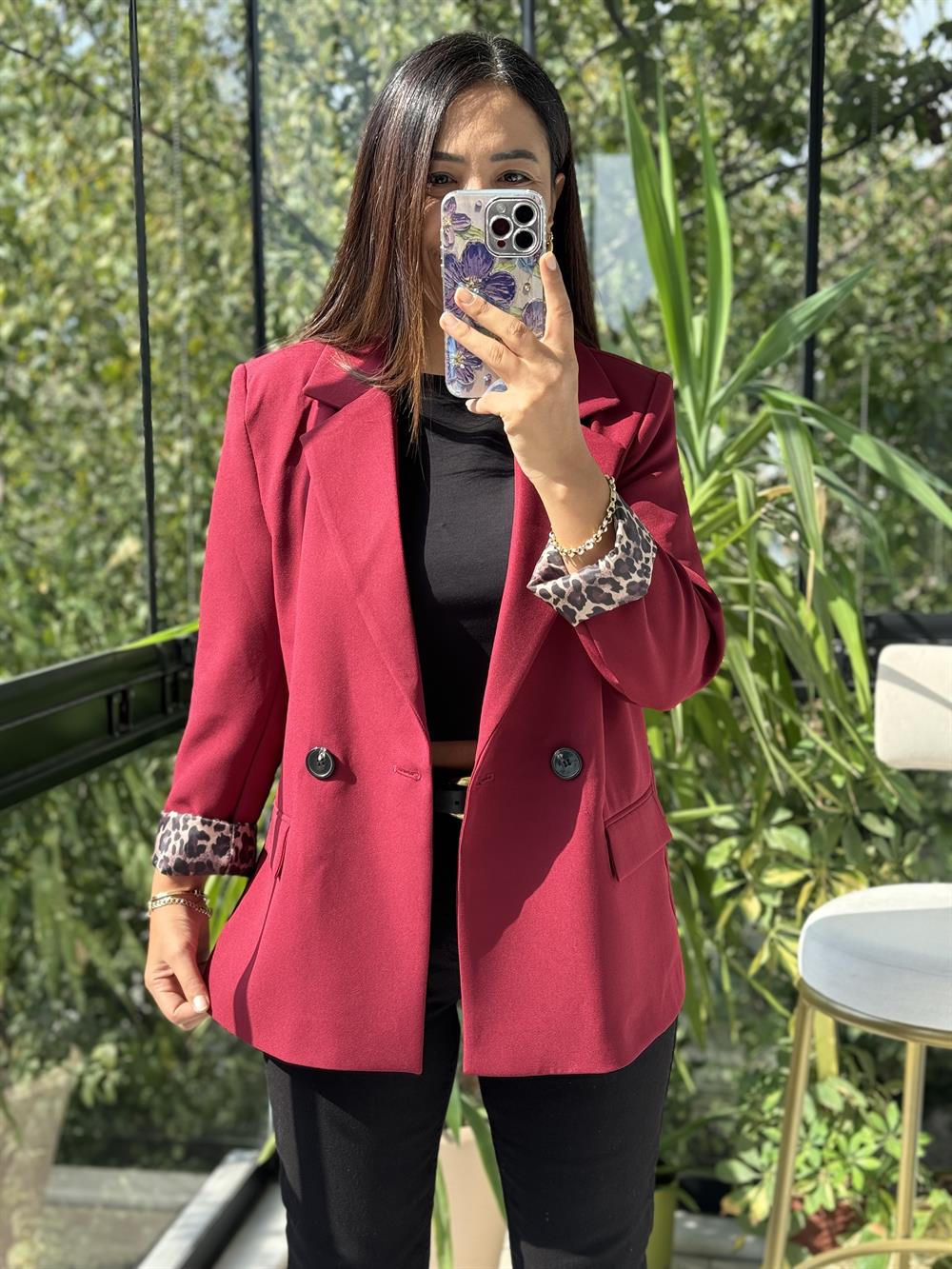 Leopar Astarlı Blazer Ceket Bordo