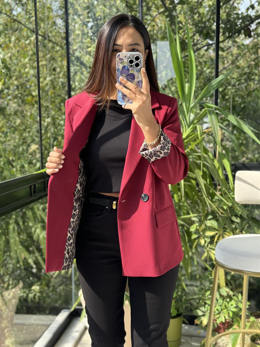Leopar Astarlı Blazer Ceket Bordo