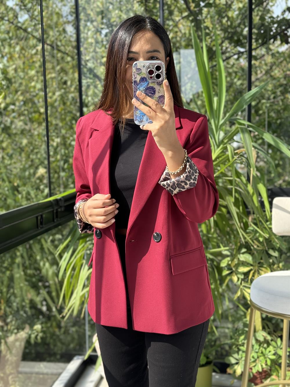Leopar Astarlı Blazer Ceket Bordo