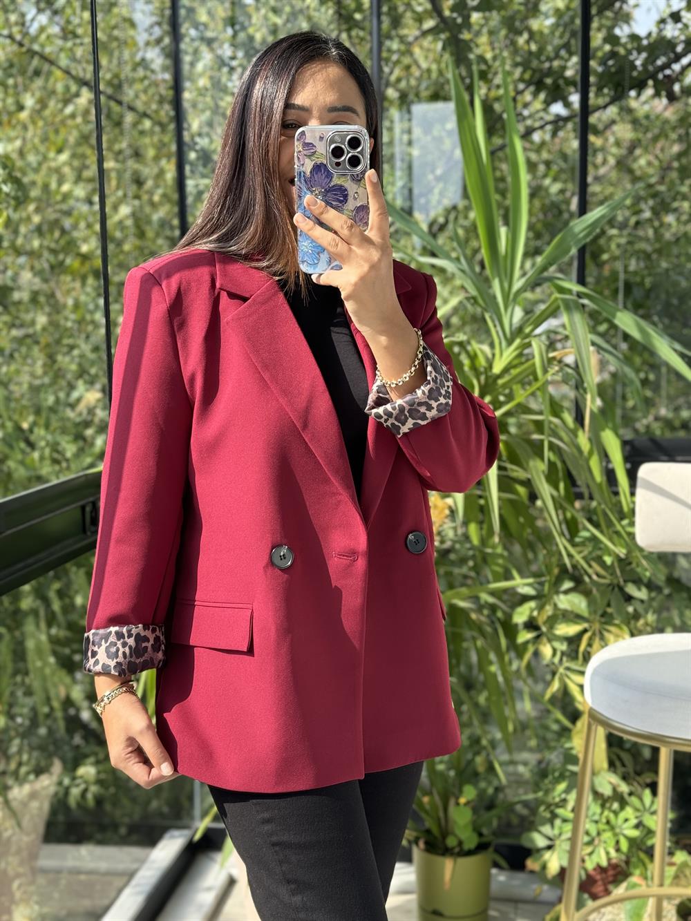 Leopar Astarlı Blazer Ceket Bordo