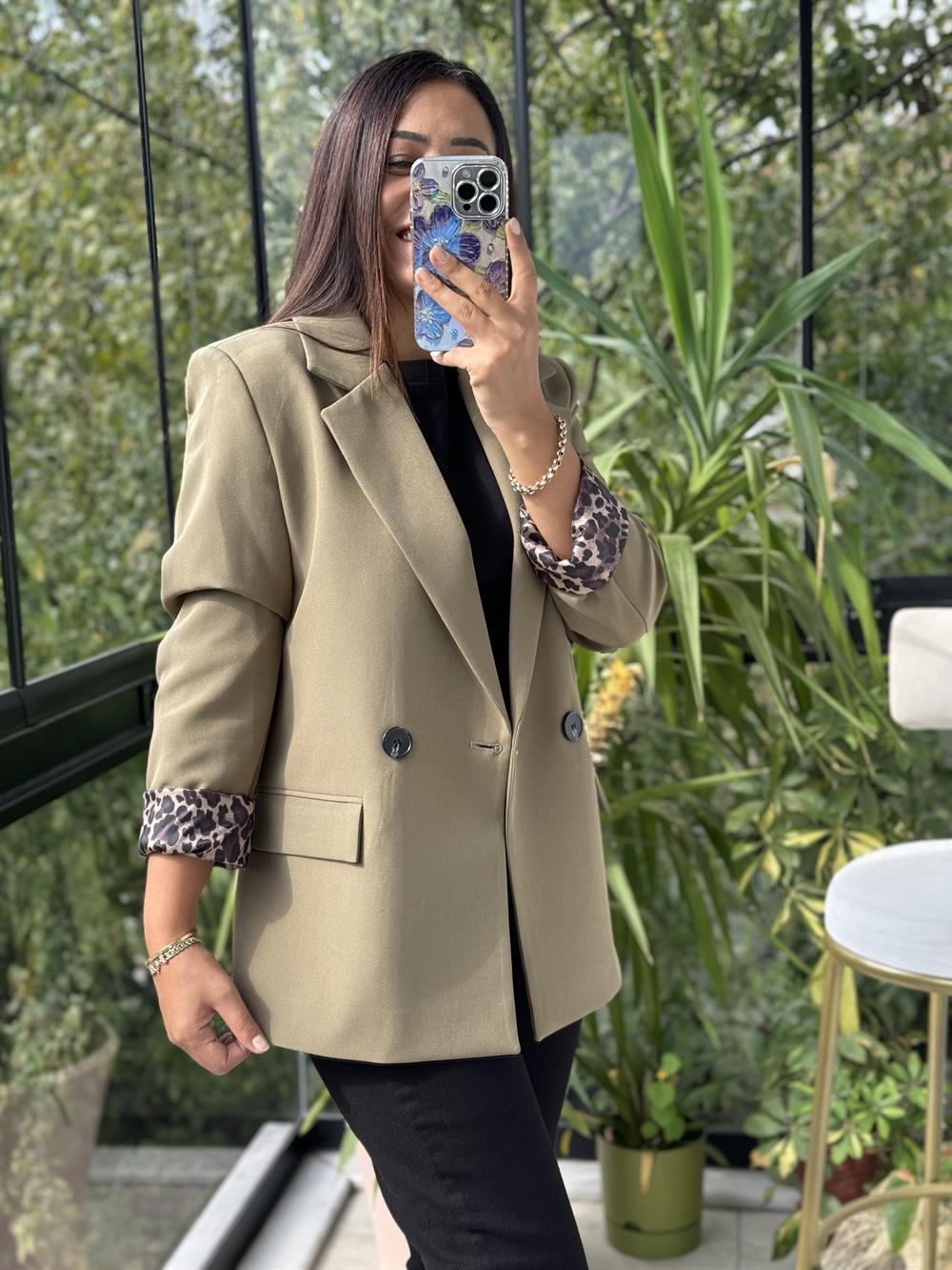Leopar Astarlı Blazer Ceket Haki Yeşili