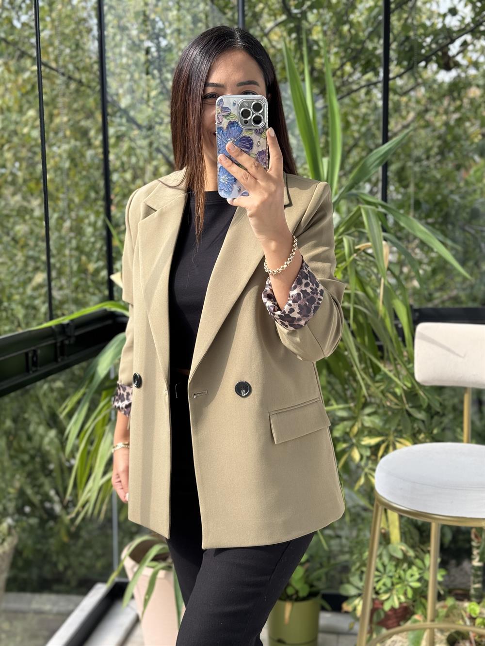 Leopar Astarlı Blazer Ceket Haki Yeşili