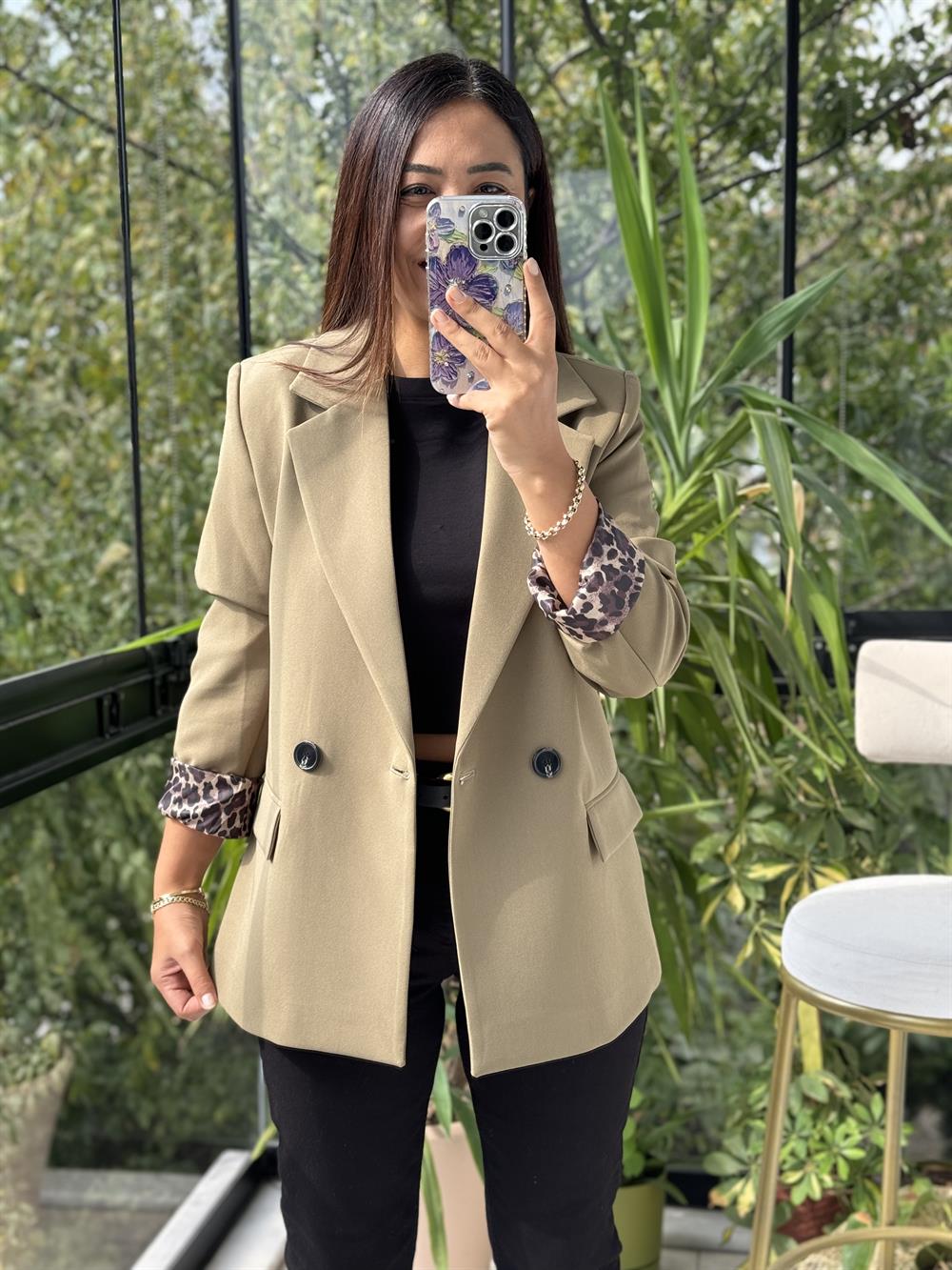 Leopar Astarlı Blazer Ceket Haki Yeşili