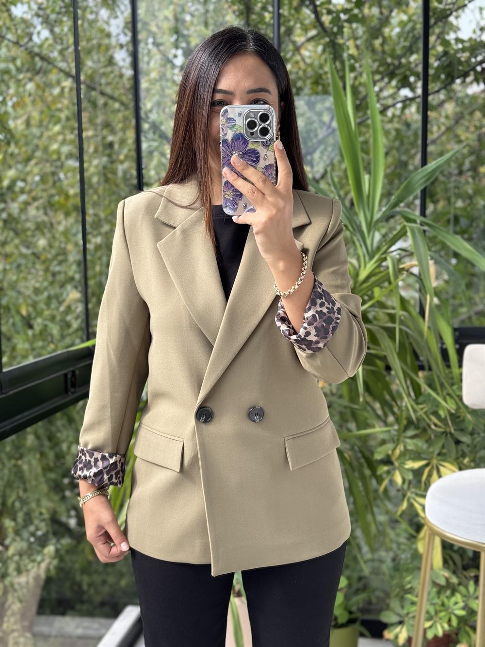 Leopar Astarlı Blazer Ceket Haki Yeşili