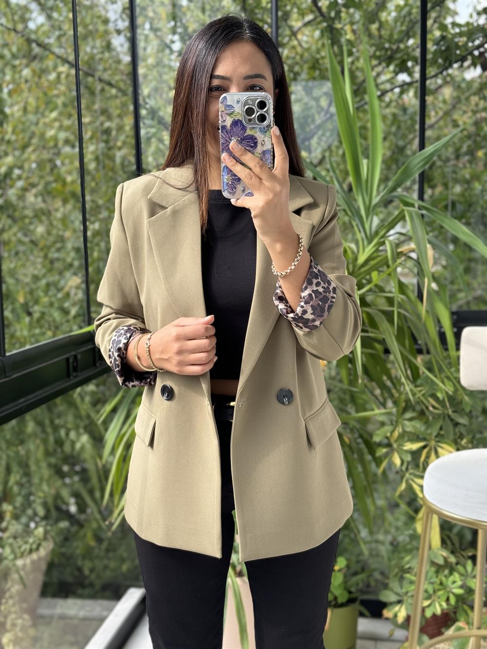 Leopar Astarlı Blazer Ceket Haki Yeşili