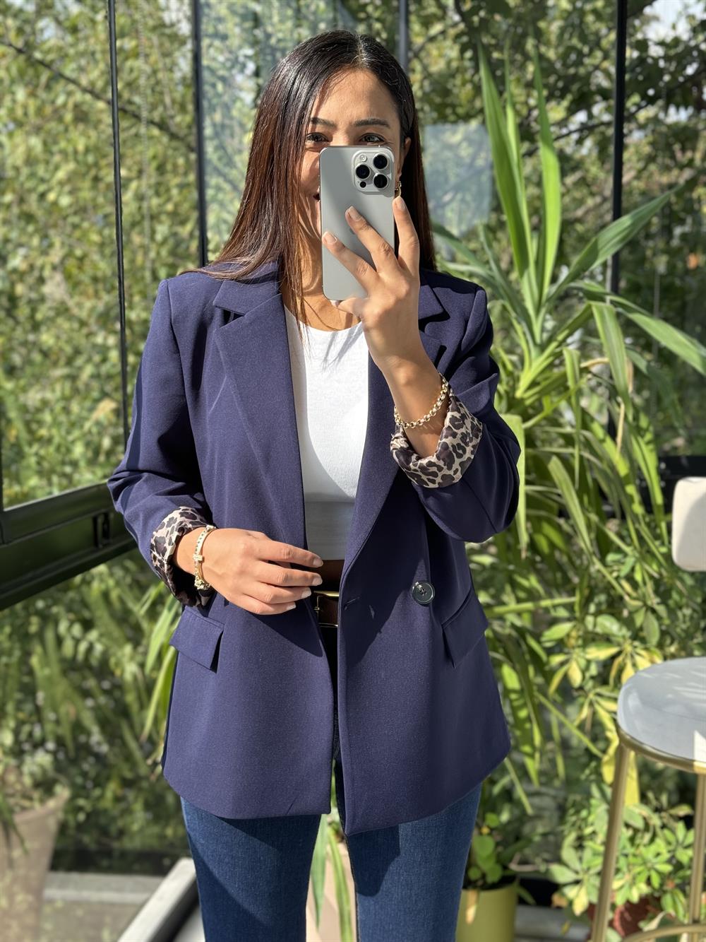 Leopar Astarlı Blazer Ceket Lacivert