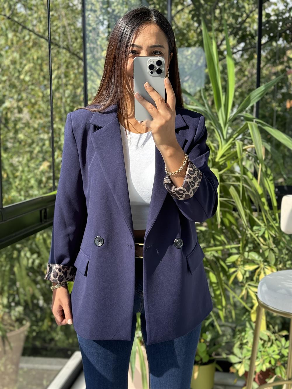 Leopar Astarlı Blazer Ceket Lacivert