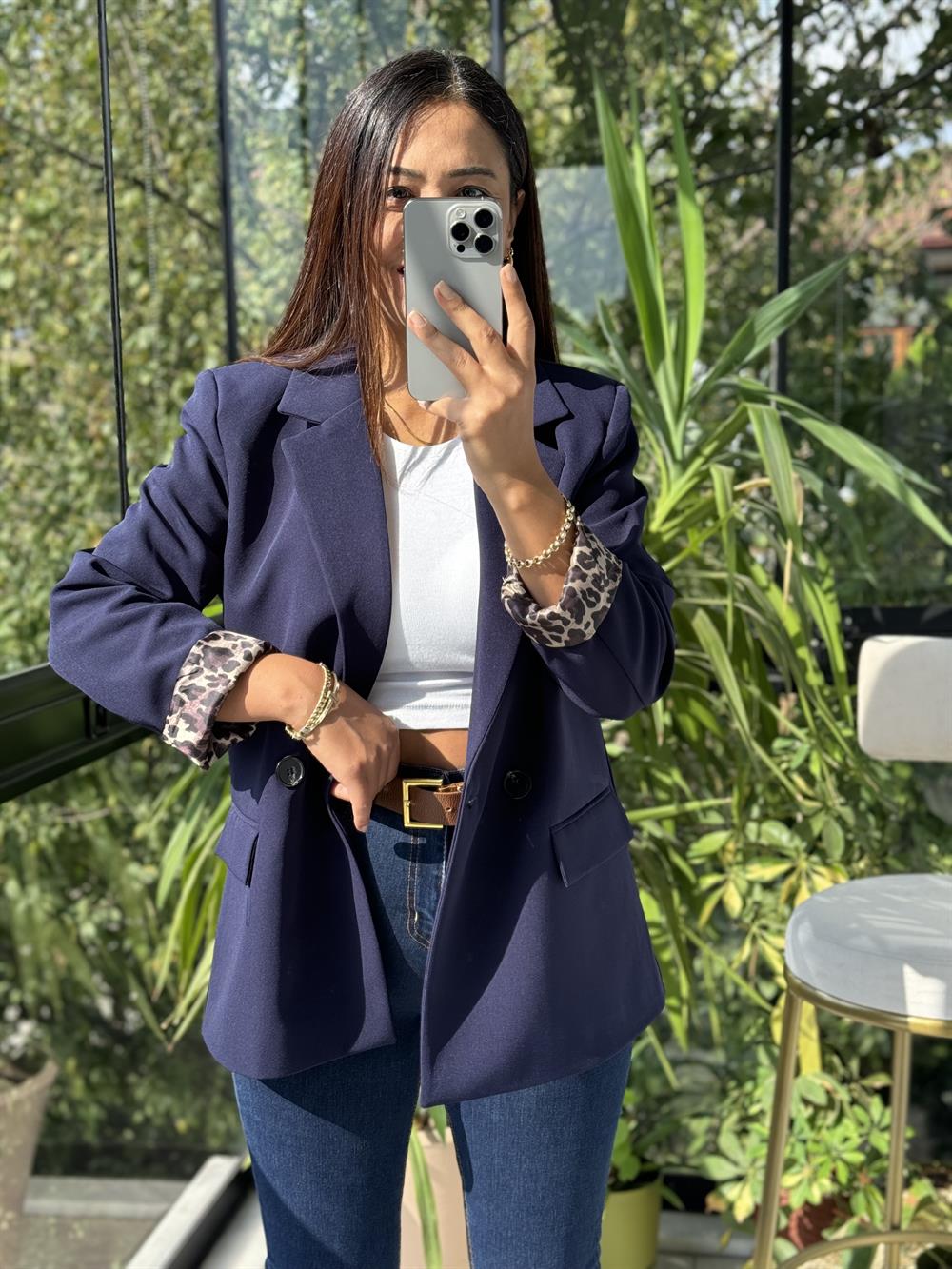 Leopar Astarlı Blazer Ceket Lacivert