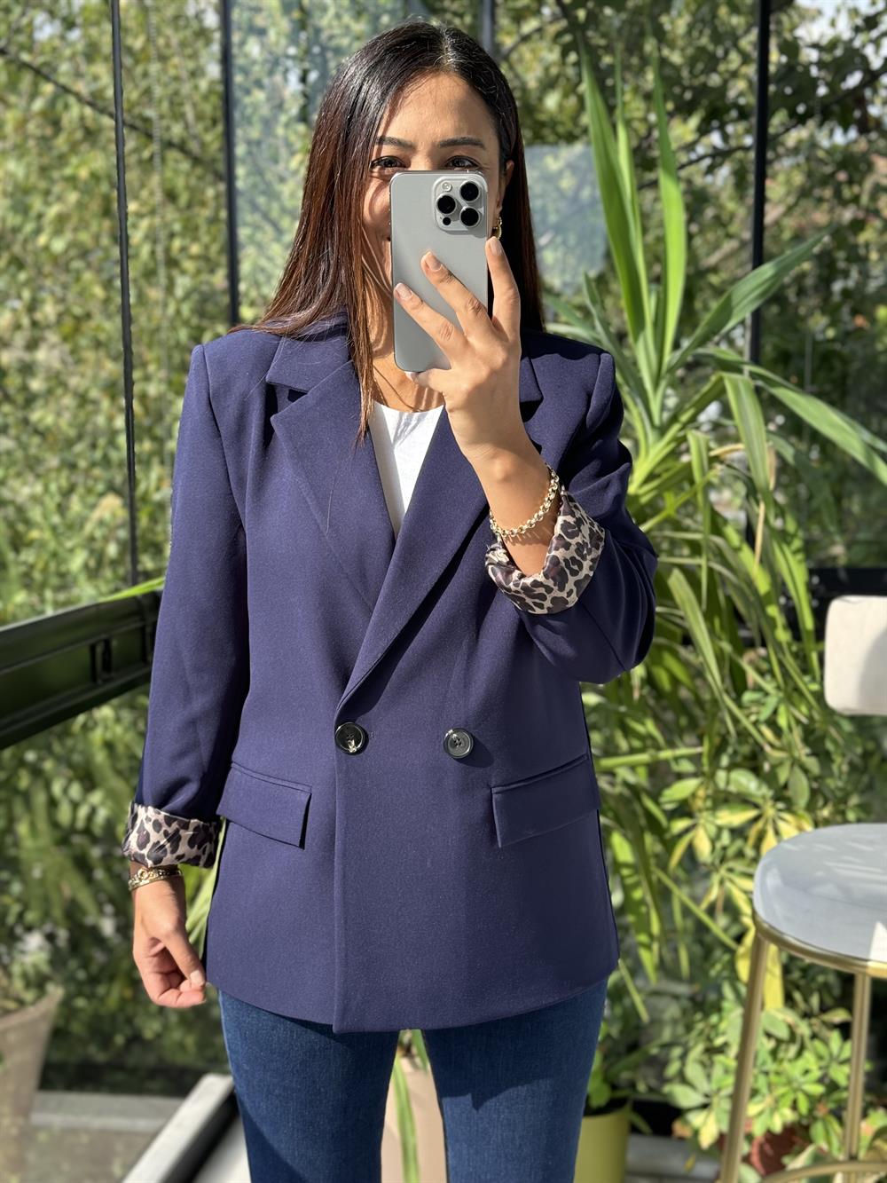 Leopar Astarlı Blazer Ceket Lacivert