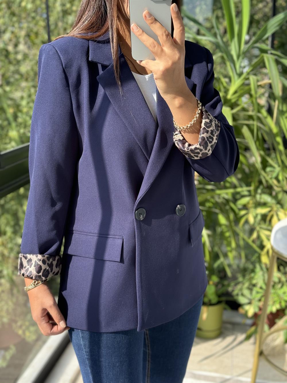 Leopar Astarlı Blazer Ceket Lacivert