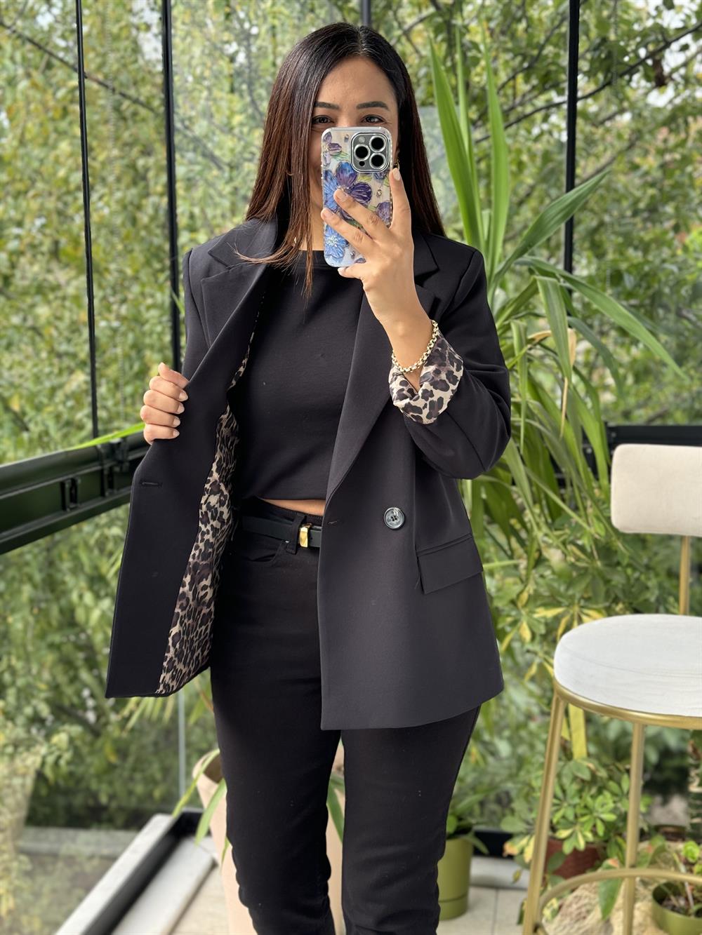 Leopar Astarlı Blazer Ceket Siyah