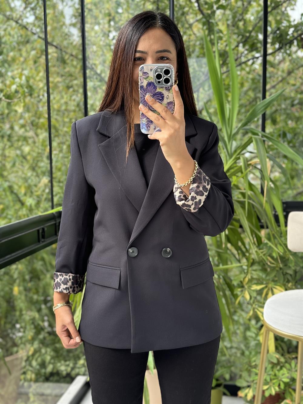 Leopar Astarlı Blazer Ceket Siyah