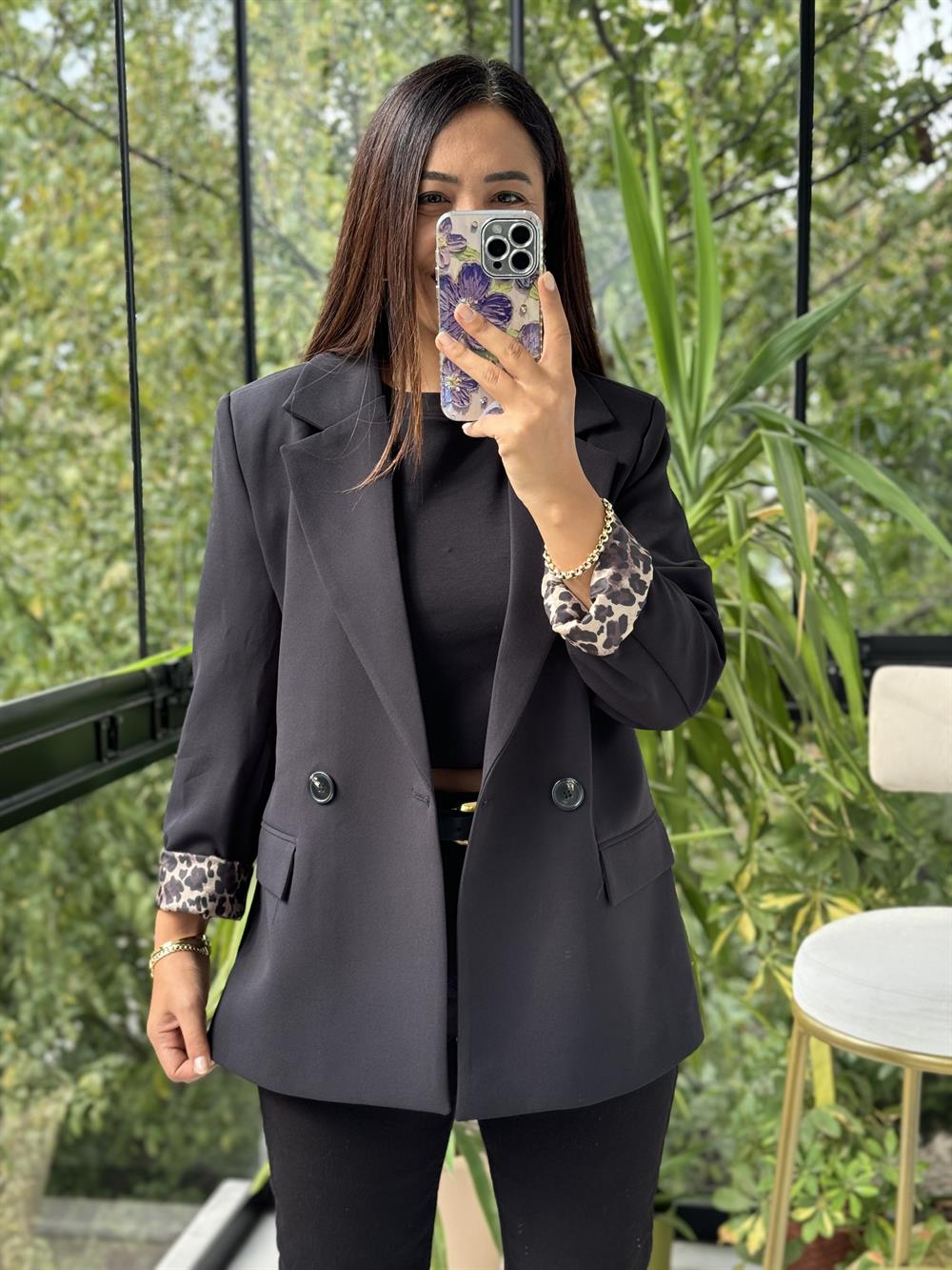 Leopar Astarlı Blazer Ceket Siyah