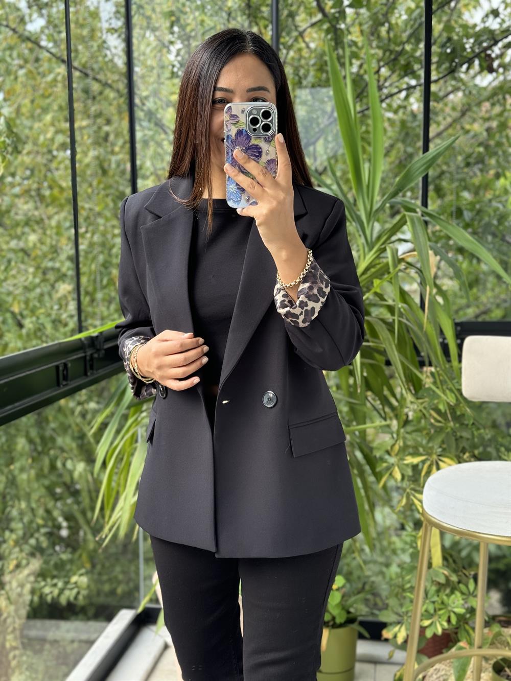 Leopar Astarlı Blazer Ceket Siyah