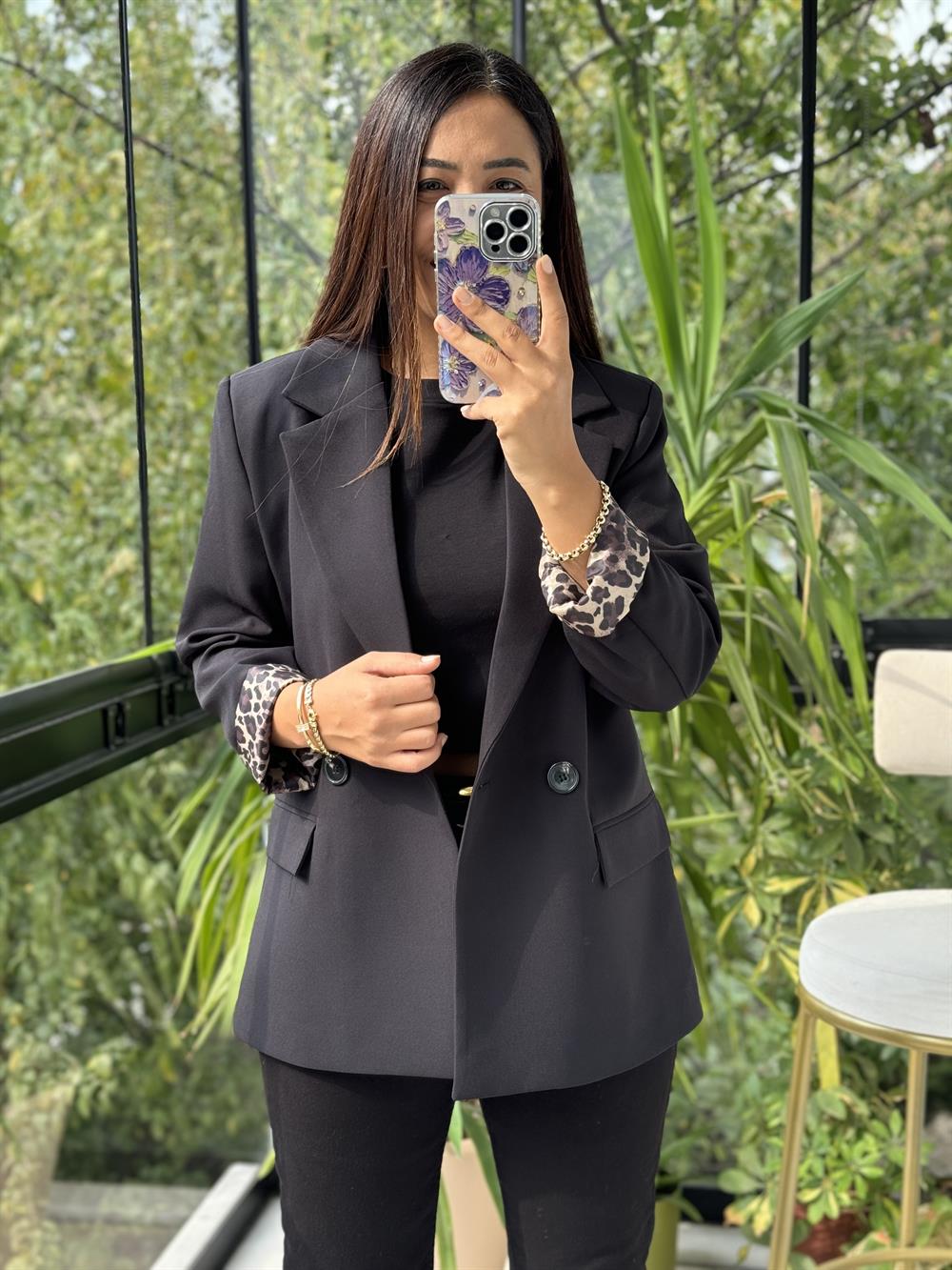 Leopar Astarlı Blazer Ceket Siyah