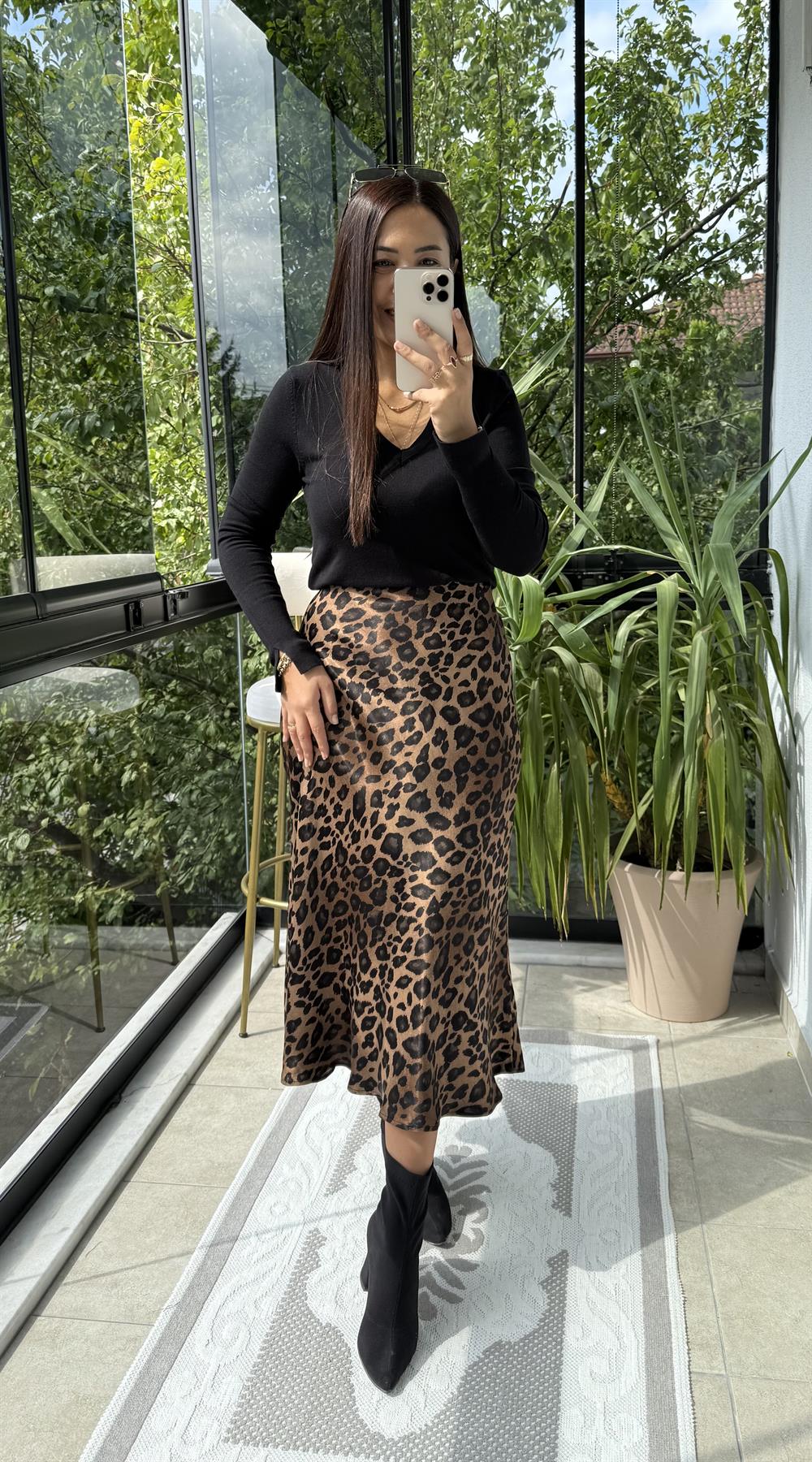 Leopar Desenli Saten Etek Kahve