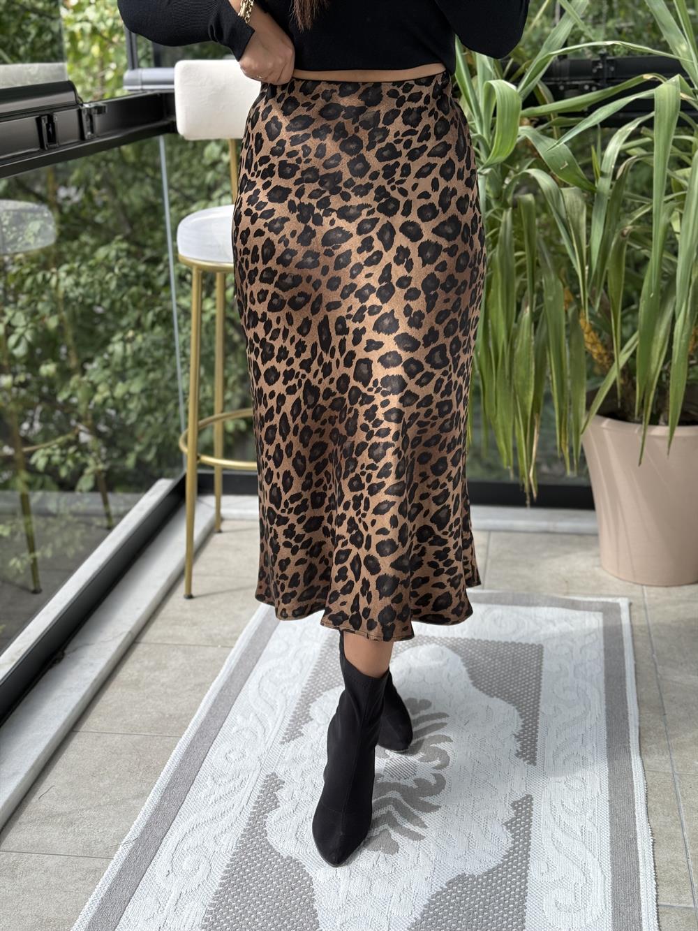 Leopar Desenli Saten Etek Kahve