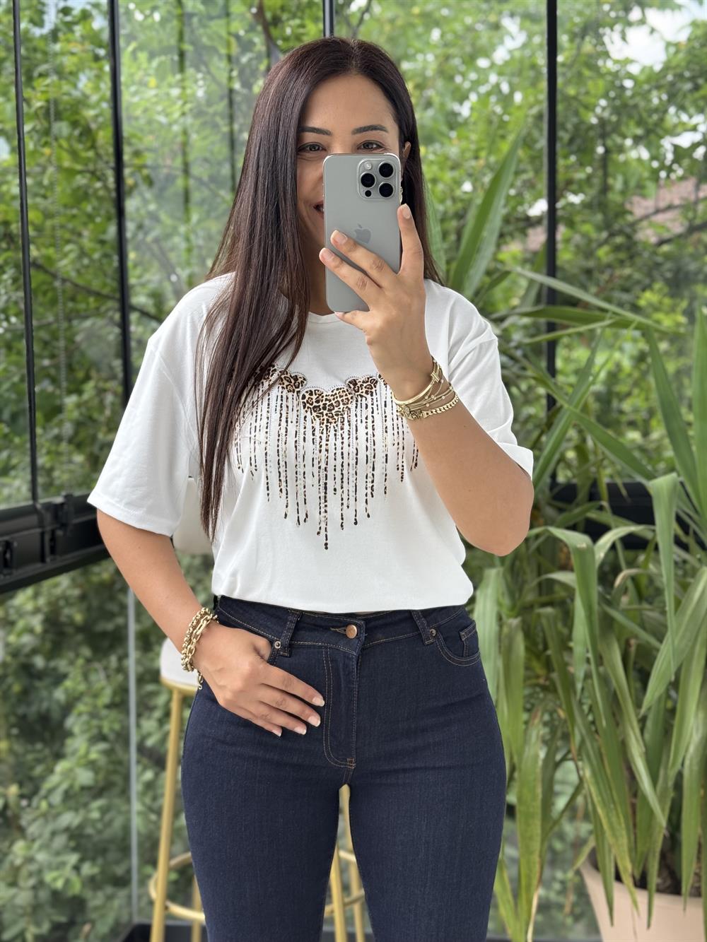 Leopar Kalpli Taşlı Tişört Ekru