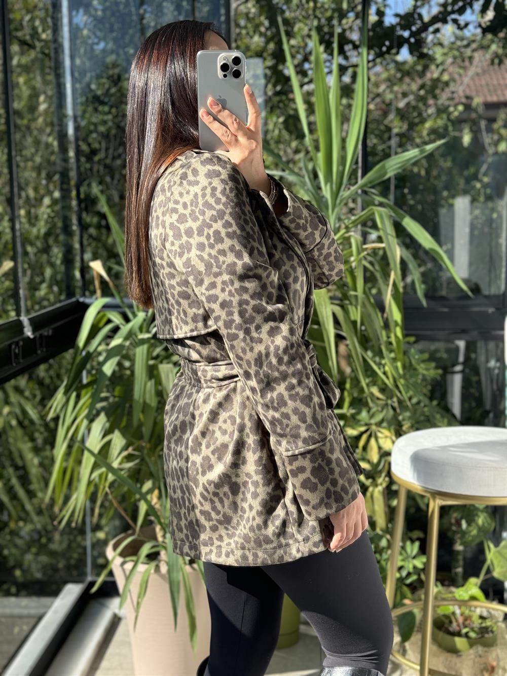 Leopar Kuşaklı Trenç Yeşil