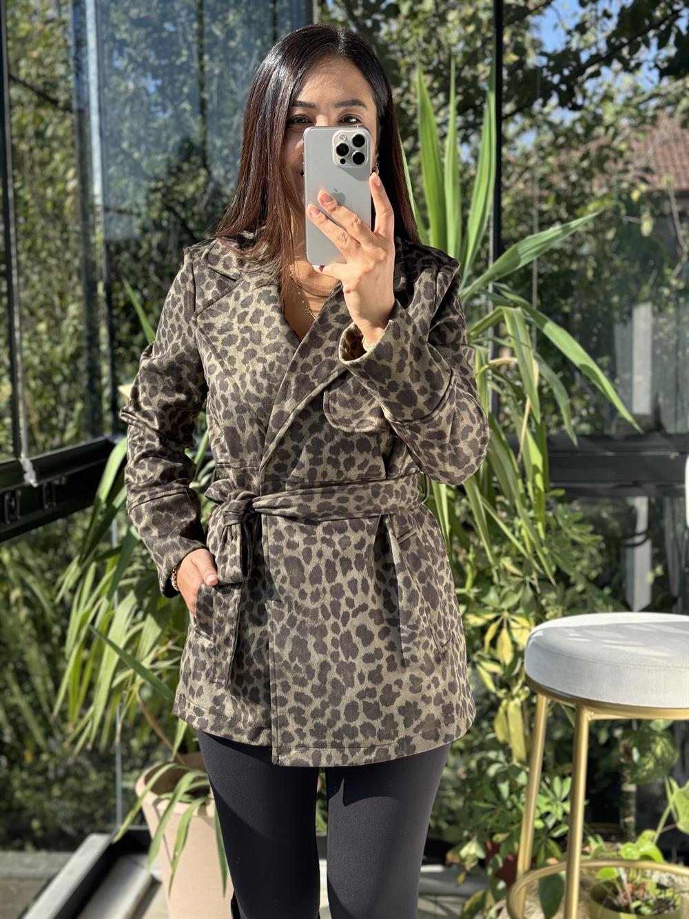 Leopar Kuşaklı Trenç Yeşil