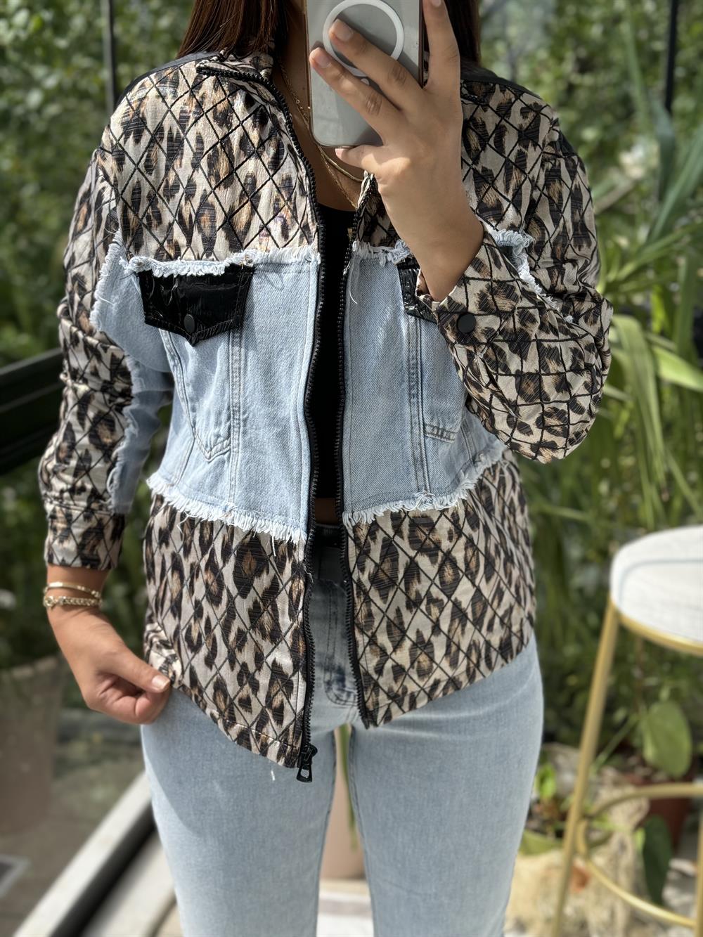 Leopar Mix Ceket Siyah