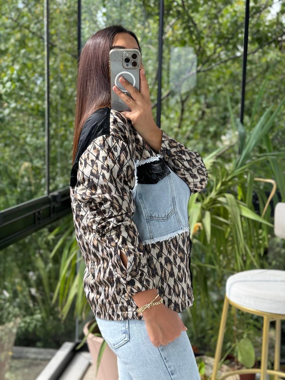 Leopar Mix Ceket Siyah