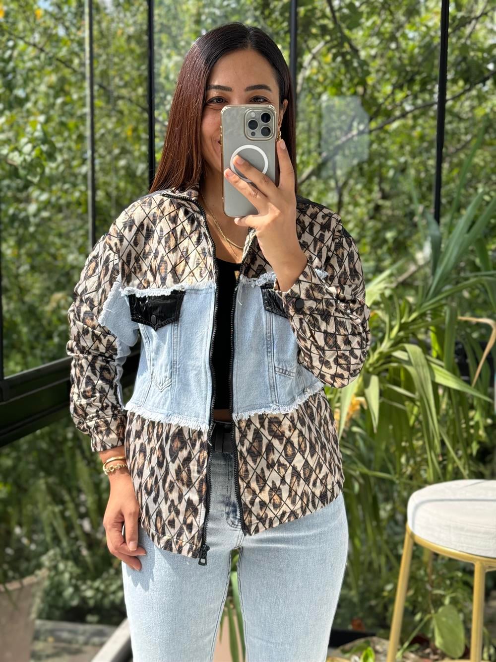 Leopar Mix Ceket Siyah