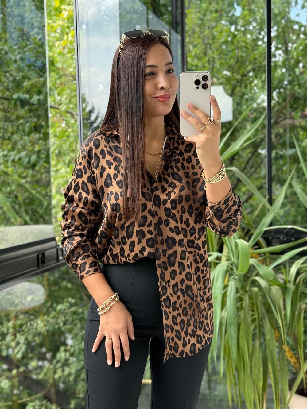 Leopar Saten Gömlek Kahve