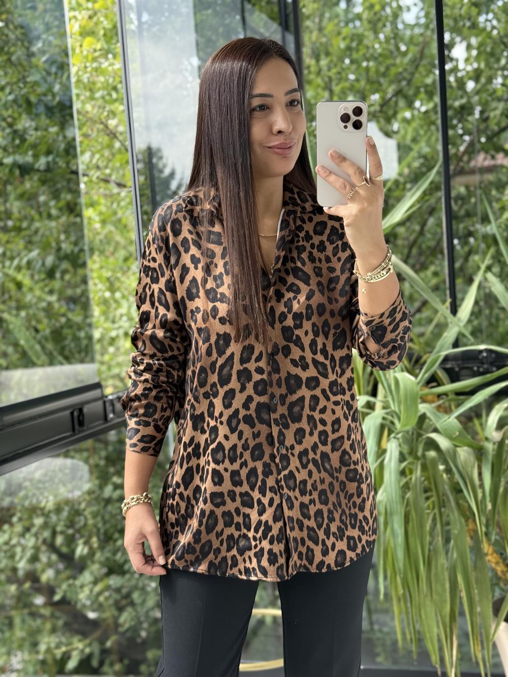 Leopar Saten Gömlek Kahve