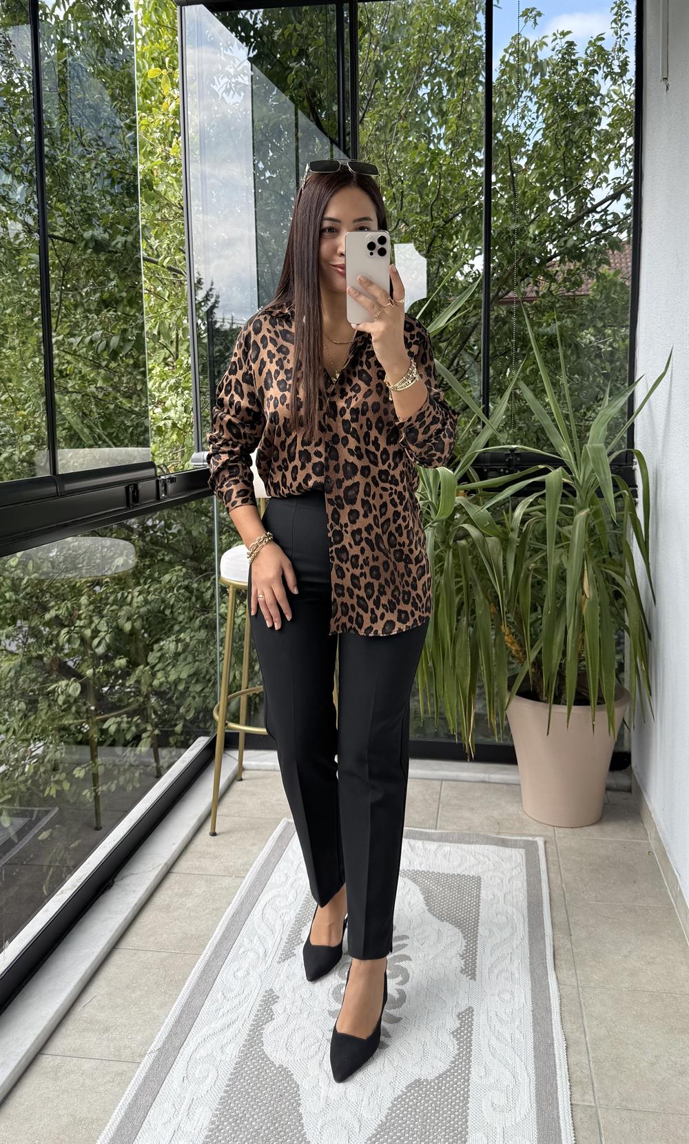 Leopar Saten Gömlek Kahve