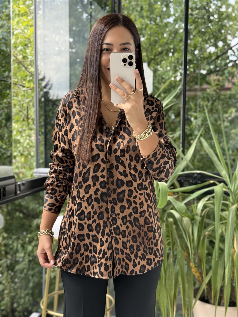 Leopar Saten Gömlek Kahve