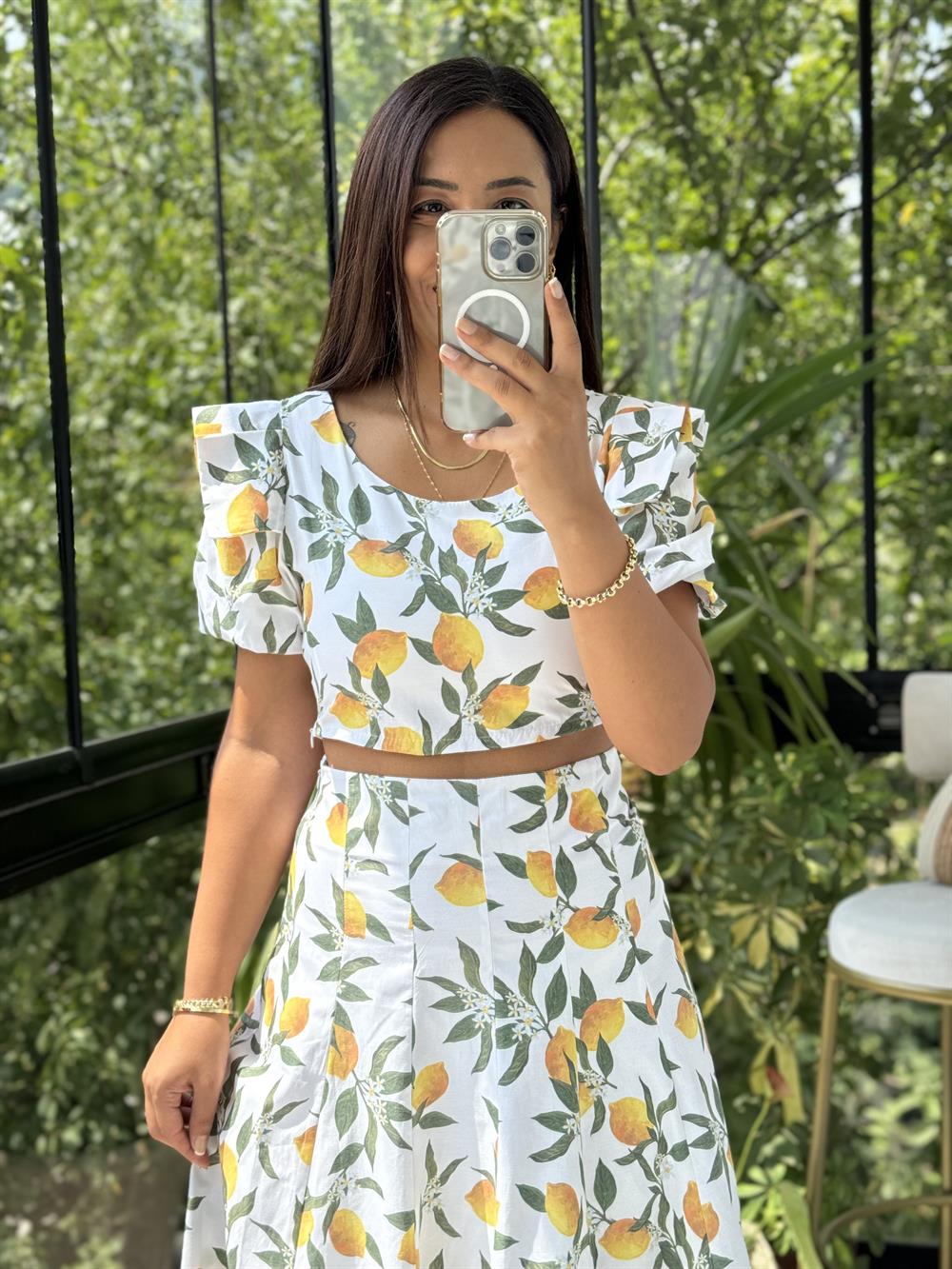 Limon Desenli Crop Etek Takım Beyaz