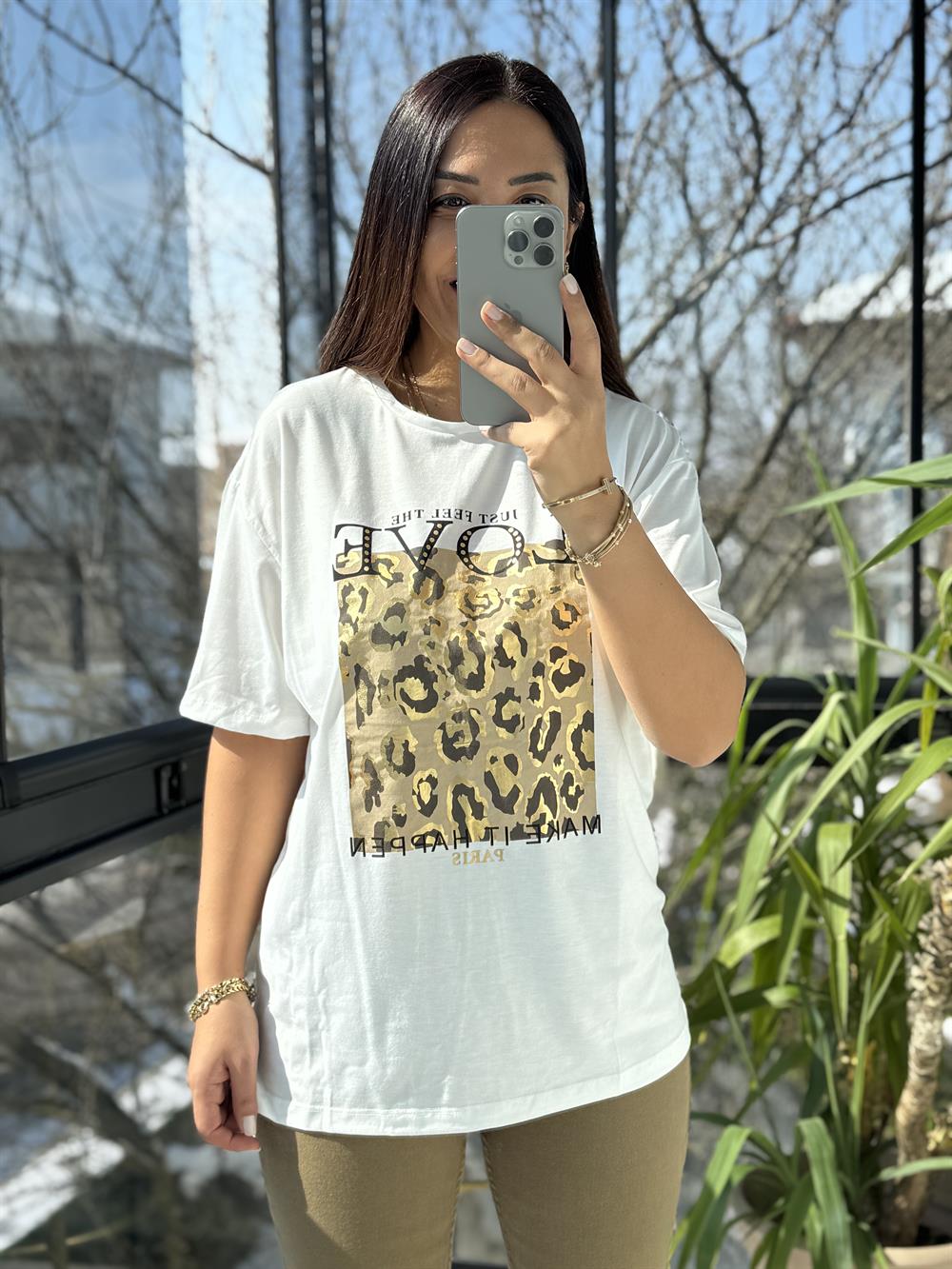 Love Leopar Desenli Tişört Beyaz