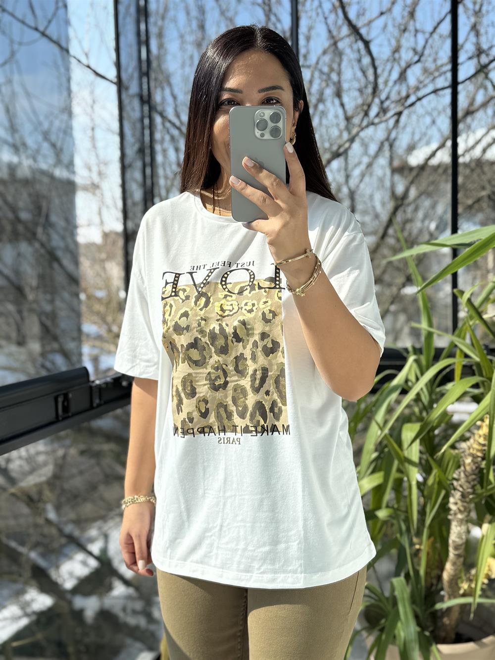 Love Leopar Desenli Tişört Beyaz