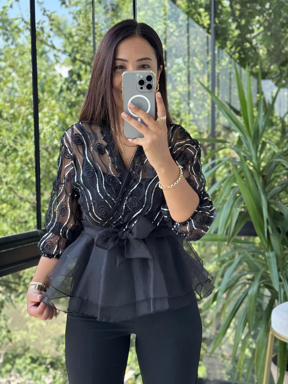 Lüx İthal Payetli Bluz Siyah